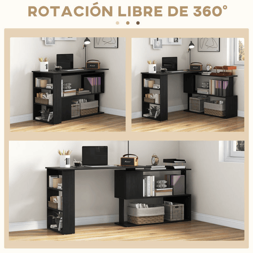 HOMCOM Mesa de Computador Secretária Mesa de Canto Giratória 360° com 5 Prateleiras para Casa Escritório Preto