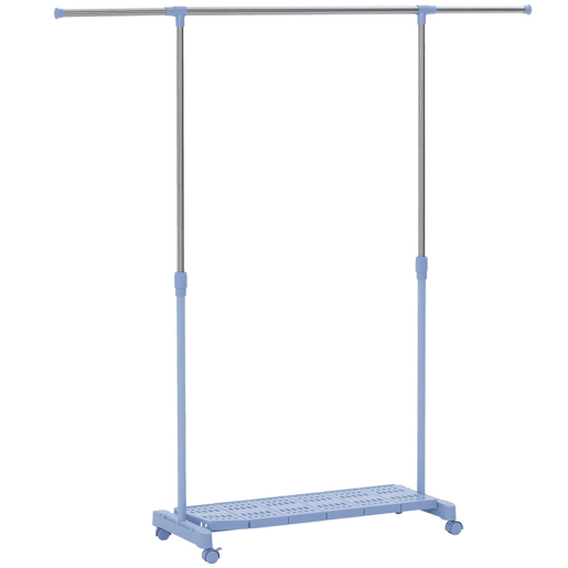 HOMCOM Charriot Extensível com Rodas Charriot de Roupa com Barra de Aço Inoxidável e Prateleira para Sapatos Altura Ajustável para Interior 94-159x42x93-168 cm Azul e Prateado