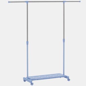 HOMCOM Charriot Extensível com Rodas Charriot de Roupa com Barra de Aço Inoxidável e Prateleira para Sapatos Altura Ajustável para Interior 94-159x42x93-168 cm Azul e Prateado