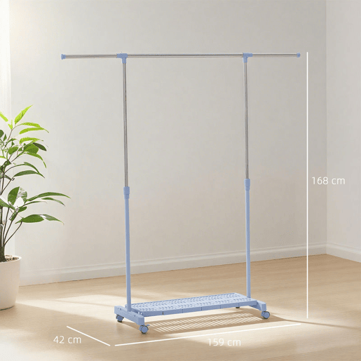 HOMCOM Charriot Extensível com Rodas Charriot de Roupa com Barra de Aço Inoxidável e Prateleira para Sapatos Altura Ajustável para Interior 94-159x42x93-168 cm Azul e Prateado