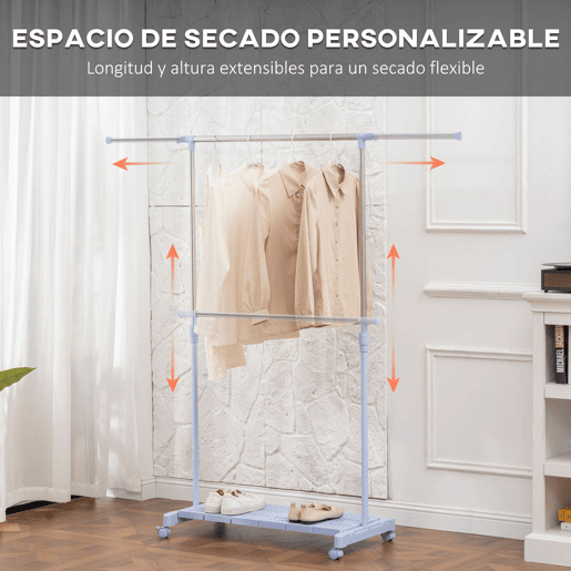 HOMCOM Charriot Extensível com Rodas Charriot de Roupa com Barra de Aço Inoxidável e Prateleira para Sapatos Altura Ajustável para Interior 94-159x42x93-168 cm Azul e Prateado