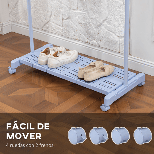 HOMCOM Charriot Extensível com Rodas Charriot de Roupa com Barra de Aço Inoxidável e Prateleira para Sapatos Altura Ajustável para Interior 94-159x42x93-168 cm Azul e Prateado