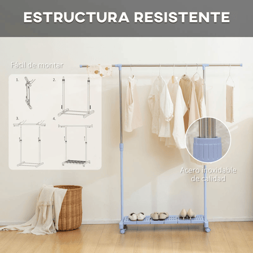 HOMCOM Charriot Extensível com Rodas Charriot de Roupa com Barra de Aço Inoxidável e Prateleira para Sapatos Altura Ajustável para Interior 94-159x42x93-168 cm Azul e Prateado