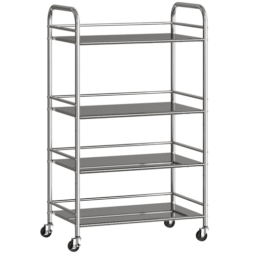 HOMCOM Carrinho Auxiliar com Rodas de Aço Inoxidável Carrinho de Serviço de 4 Níveis com Prateleira Ajustável 2 Rodas com Travão Carrinho para Cozinha 60x35x100 cm Prateado HOMCOM Carrinho Auxiliar com Rodas de Aço Inoxidável Carrinho de Serviço de 4 Níveis com Prateleira Ajustável 2 Rodas com Travão Carrinho para Cozinha 60x35x100 cm Prateado
