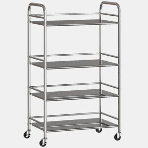 HOMCOM Carrinho Auxiliar com Rodas de Aço Inoxidável Carrinho de Serviço de 4 Níveis com Prateleira Ajustável 2 Rodas com Travão Carrinho para Cozinha 60x35x100 cm Prateado