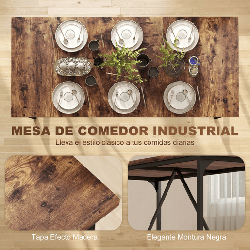 HOMCOM Mesa de Refeição Retangular para 6-8 Pessoas Mesa de Cozinha Industrial com Bancada Grosso e Pés de Metal 180x80x75,5 cm Castanho Rústico