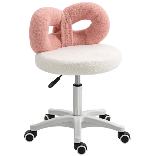 HOMCOM Banco Giratório com Encosto, Banco com Rodas, Altura Regulável 63-77 cm, Estofado em Tecido Peluche para Escritório, Penteadeira, Salões, Oficinas, Spa, Massagem, Branco e Rosa