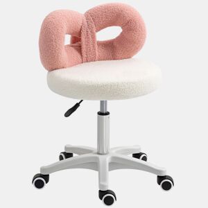 HOMCOM Banco Giratório com Encosto, Banco com Rodas, Altura Regulável 63-77 cm, Estofado em Tecido Peluche para Escritório, Penteadeira, Salões, Oficinas, Spa, Massagem, Branco e Rosa