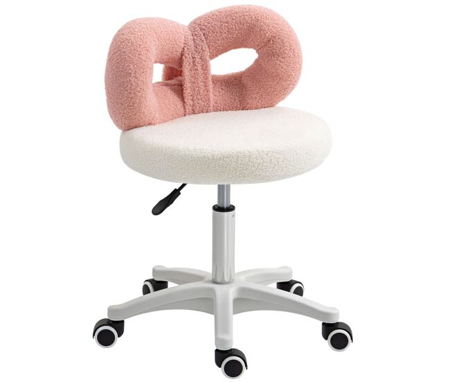 Homcom taburete giratorio con respaldo taburete con ruedas altura regulable 63-77 cm tapizado en tejido de borreguito para oficina tocador salones talleres spa masaje blanco y rosa