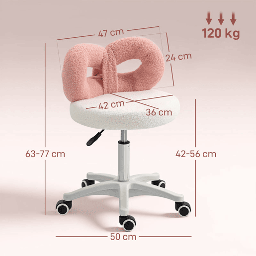 HOMCOM Banco Giratório com Encosto, Banco com Rodas, Altura Regulável 63-77 cm, Estofado em Tecido Peluche para Escritório, Penteadeira, Salões, Oficinas, Spa, Massagem, Branco e Rosa