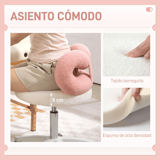 HOMCOM Banco Giratório com Encosto, Banco com Rodas, Altura Regulável 63-77 cm, Estofado em Tecido Peluche para Escritório, Penteadeira, Salões, Oficinas, Spa, Massagem, Branco e Rosa