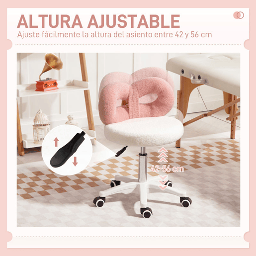 HOMCOM Banco Giratório com Encosto, Banco com Rodas, Altura Regulável 63-77 cm, Estofado em Tecido Peluche para Escritório, Penteadeira, Salões, Oficinas, Spa, Massagem, Branco e Rosa