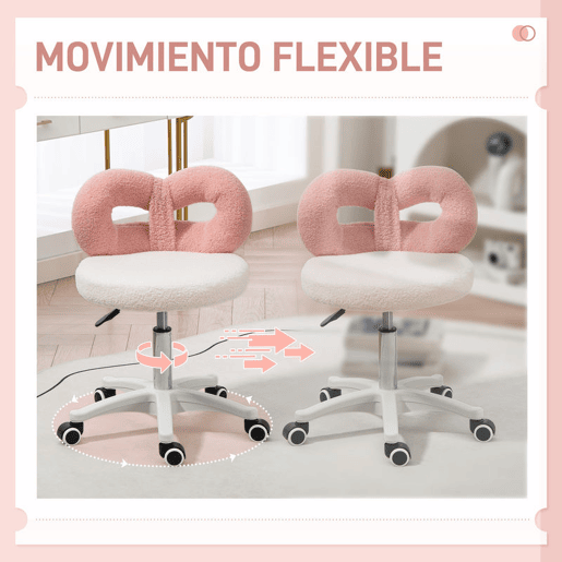 HOMCOM Banco Giratório com Encosto, Banco com Rodas, Altura Regulável 63-77 cm, Estofado em Tecido Peluche para Escritório, Penteadeira, Salões, Oficinas, Spa, Massagem, Branco e Rosa
