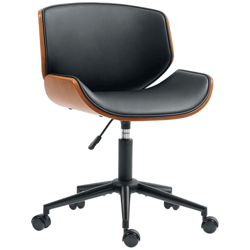 HOMCOM Cadeira de Escritório sem Braços Cadeira de Secretária Vintage Giratória Estofada em PU Madeira Curvada Altura Ajustável Encosto Curvo Função de Baloiço 52x54x74-84 cm Preto e Madeira
