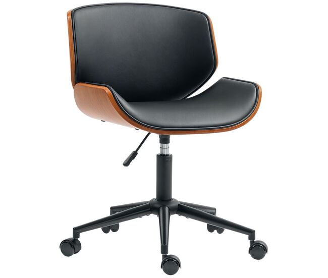 Homcom silla de oficina sin brazos silla de escritorio vintage giratoria tapizada en pu madera curvada altura ajustable respaldo curvado negro y marrón