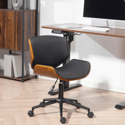HOMCOM Cadeira de Escritório sem Braços Cadeira de Secretária Vintage Giratória Estofada em PU Madeira Curvada Altura Ajustável Encosto Curvo Função de Baloiço 52x54x74-84 cm Preto e Madeira