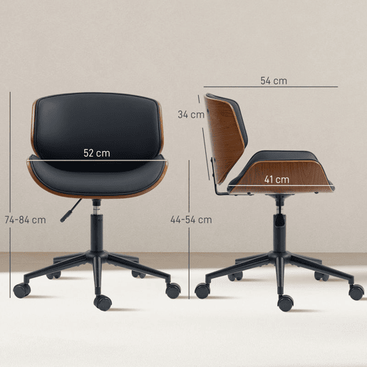 HOMCOM Cadeira de Escritório sem Braços Cadeira de Secretária Vintage Giratória Estofada em PU Madeira Curvada Altura Ajustável Encosto Curvo Função de Baloiço 52x54x74-84 cm Preto e Madeira