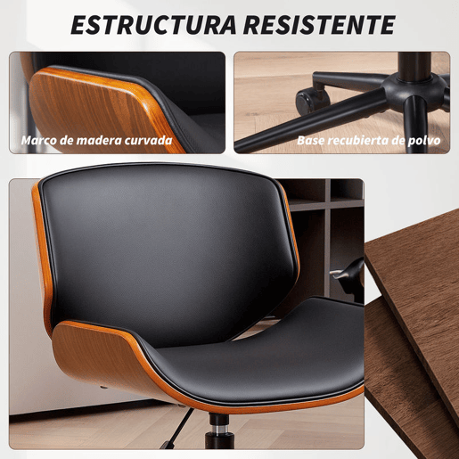 HOMCOM Cadeira de Escritório sem Braços Cadeira de Secretária Vintage Giratória Estofada em PU Madeira Curvada Altura Ajustável Encosto Curvo Função de Baloiço 52x54x74-84 cm Preto e Madeira