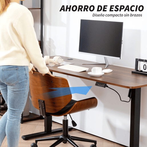 HOMCOM Cadeira de Escritório sem Braços Cadeira de Secretária Vintage Giratória Estofada em PU Madeira Curvada Altura Ajustável Encosto Curvo Função de Baloiço 52x54x74-84 cm Preto e Madeira