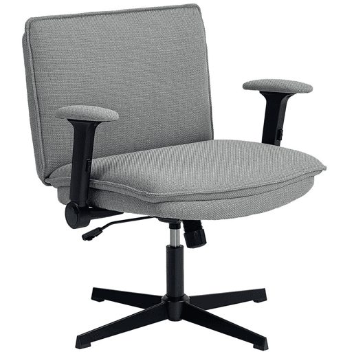 HOMCOM Cadeira de Escritório Cadeira de Secretária com Apoios de Braço Rebatíveis Assento Largo sem Rodas Altura Ajustável Giratória Função Basculante e Estofada em Linho 76x70x85-97 cm Cinzento