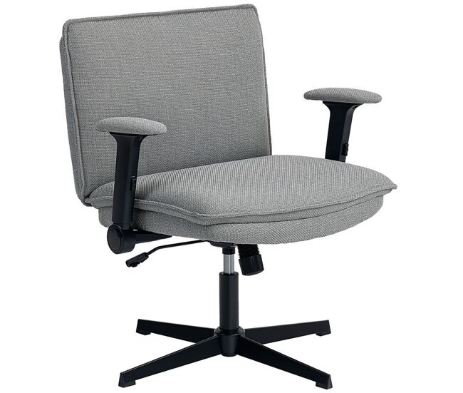 Homcom silla de oficina piernas cruzadas, silla de escritorio con reposabrazos abatible, asiento ancho de 63 cm, sin ruedas, altura ajustable, giratoria, función basculante, tapizada en lino, gris