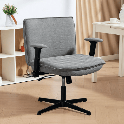 HOMCOM Cadeira de Escritório Cadeira de Secretária com Apoios de Braço Rebatíveis Assento Largo sem Rodas Altura Ajustável Giratória Função Basculante e Estofada em Linho 76x70x85-97 cm Cinzento
