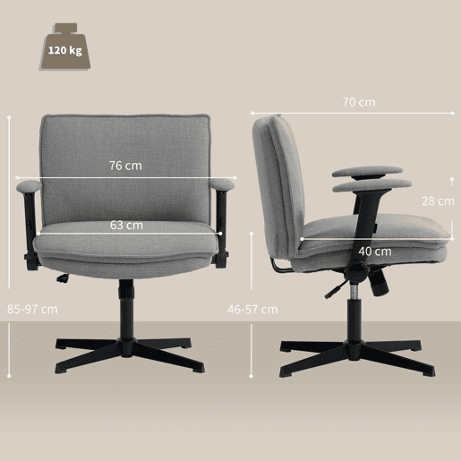 HOMCOM Cadeira de Escritório Cadeira de Secretária com Apoios de Braço Rebatíveis Assento Largo sem Rodas Altura Ajustável Giratória Função Basculante e Estofada em Linho 76x70x85-97 cm Cinzento