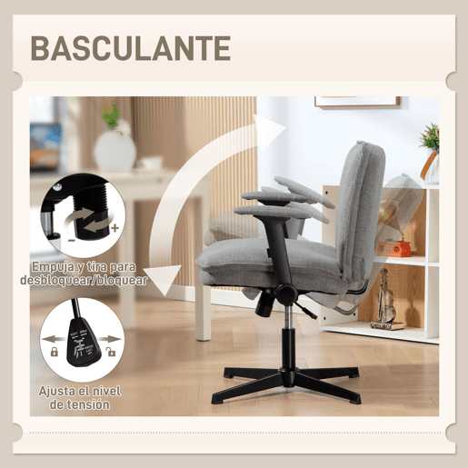 HOMCOM Cadeira de Escritório Cadeira de Secretária com Apoios de Braço Rebatíveis Assento Largo sem Rodas Altura Ajustável Giratória Função Basculante e Estofada em Linho 76x70x85-97 cm Cinzento