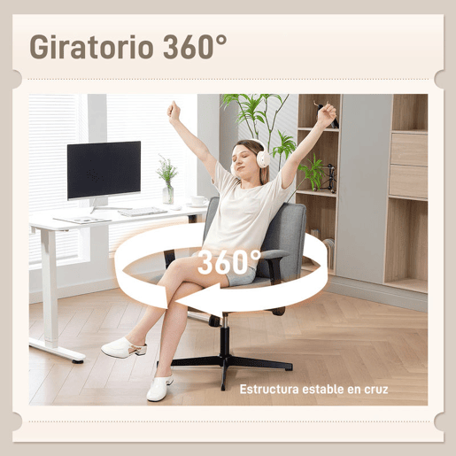 HOMCOM Cadeira de Escritório Cadeira de Secretária com Apoios de Braço Rebatíveis Assento Largo sem Rodas Altura Ajustável Giratória Função Basculante e Estofada em Linho 76x70x85-97 cm Cinzento