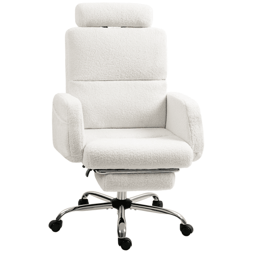 HOMCOM Cadeira de Escritório com Apoio para Pés Estofada em Borreguito Cadeira de Escritório com Encosto Reclinável Apoio de Cabeça Ajustável Encosto Alto Altura Ajustável 67x74x107-115 cm Creme