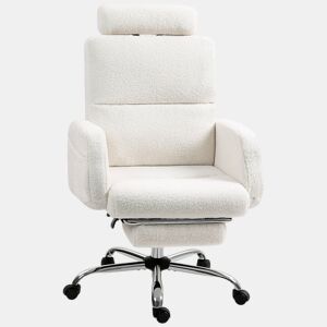 HOMCOM Cadeira de Escritório com Apoio para Pés Estofada em Borreguito Cadeira de Escritório com Encosto Reclinável Apoio de Cabeça Ajustável Encosto Alto Altura Ajustável 67x74x107-115 cm Creme
