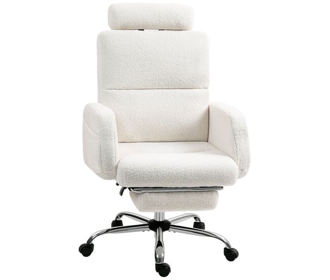 Homcom silla de escritorio con reposapiés tapizada en borreguito silla de oficina con respaldo reclinable reposacabezas ajustable respaldo alto altura