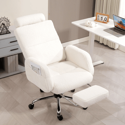 HOMCOM Cadeira de Escritório com Apoio para Pés Estofada em Borreguito Cadeira de Escritório com Encosto Reclinável Apoio de Cabeça Ajustável Encosto Alto Altura Ajustável 67x74x107-115 cm Creme