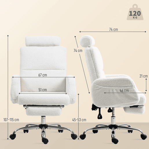 HOMCOM Cadeira de Escritório com Apoio para Pés Estofada em Borreguito Cadeira de Escritório com Encosto Reclinável Apoio de Cabeça Ajustável Encosto Alto Altura Ajustável 67x74x107-115 cm Creme