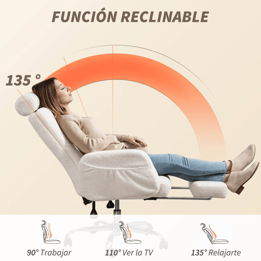 HOMCOM Cadeira de Escritório com Apoio para Pés Estofada em Borreguito Cadeira de Escritório com Encosto Reclinável Apoio de Cabeça Ajustável Encosto Alto Altura Ajustável 67x74x107-115 cm Creme