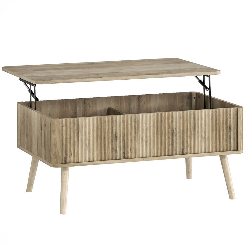 homcom mesa de centro elevable mesa de cafe para salon comedor con compartimentos ocultos de almacenaje y patas de pino 91x56-805x43-575 cm roble