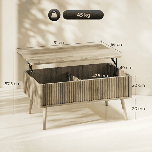 HOMCOM Mesa de Centro Elevatória Mesa de Café para Sala de Estar com Compartimentos Ocultos de Armazenamento e Pés de Pinho 91x56-80,5x43-57,5 cm Carvalho