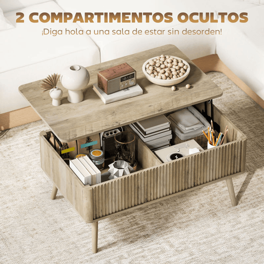HOMCOM Mesa de Centro Elevatória Mesa de Café para Sala de Estar com Compartimentos Ocultos de Armazenamento e Pés de Pinho 91x56-80,5x43-57,5 cm Carvalho