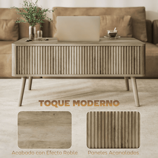 HOMCOM Mesa de Centro Elevatória Mesa de Café para Sala de Estar com Compartimentos Ocultos de Armazenamento e Pés de Pinho 91x56-80,5x43-57,5 cm Carvalho