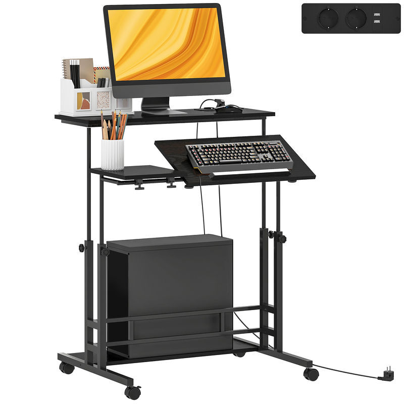Homcom escritorio elevable con ruedas, enchufes, puertos usb, altura ajustable, 80x60 cm, escritorio de pie con panel central inclinado y estante inferior de almacenamiento, para oficina, hogar, negro