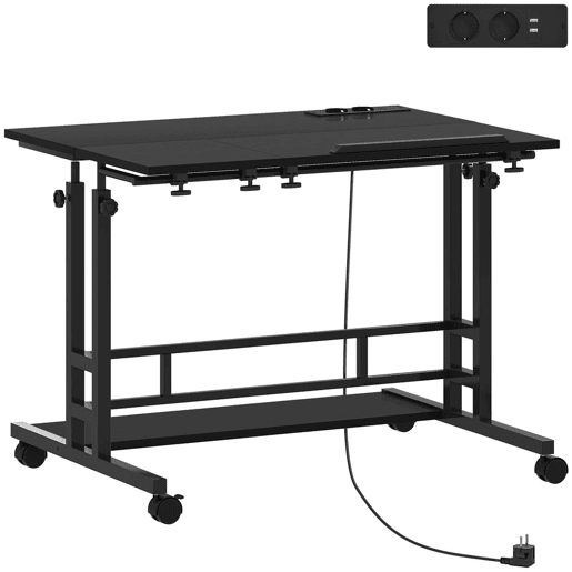 HOMCOM Secretária Elevatória com Rodas Tomadas Portas USB e Altura Ajustável 80x60 cm Secretária de Pé com Painel Central Inclinado e Prateleira Inferior de Arrumação, para Escritório Casa 80x60x59,5-95 cm Preto