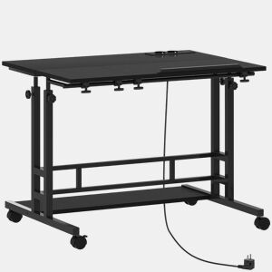 HOMCOM Secretária Elevatória com Rodas Tomadas Portas USB e Altura Ajustável 80x60 cm Secretária de Pé com Painel Central Inclinado e Prateleira Inferior de Arrumação, para Escritório Casa 80x60x59,5-95 cm Preto