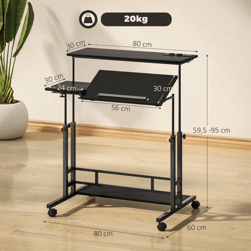 HOMCOM Secretária Elevatória com Rodas Tomadas Portas USB e Altura Ajustável 80x60 cm Secretária de Pé com Painel Central Inclinado e Prateleira Inferior de Arrumação, para Escritório Casa 80x60x59,5-95 cm Preto