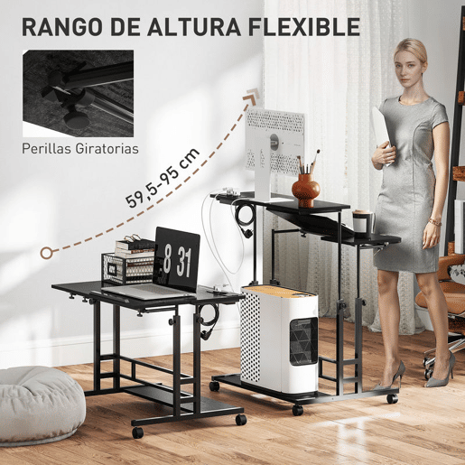 HOMCOM Secretária Elevatória com Rodas Tomadas Portas USB e Altura Ajustável 80x60 cm Secretária de Pé com Painel Central Inclinado e Prateleira Inferior de Arrumação, para Escritório Casa 80x60x59,5-95 cm Preto
