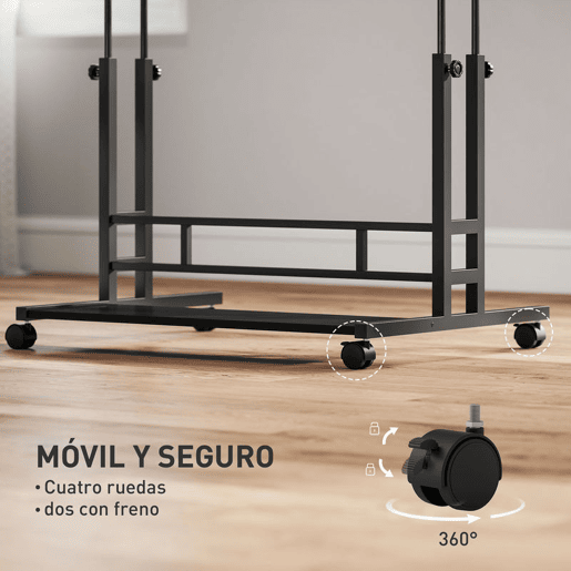 HOMCOM Secretária Elevatória com Rodas Tomadas Portas USB e Altura Ajustável 80x60 cm Secretária de Pé com Painel Central Inclinado e Prateleira Inferior de Arrumação, para Escritório Casa 80x60x59,5-95 cm Preto