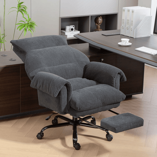 HOMCOM Cadeira de Secretária com Apoio para os Pés Cadeira de Escritório Giratória com Encosto Reclinável Acolchoada Espessa Estofada em Veludo Altura Ajustável 80x80x106-114 cm Cinzento