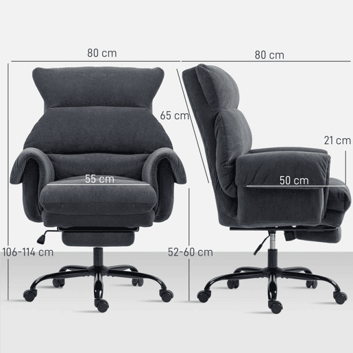 HOMCOM Cadeira de Secretária com Apoio para os Pés Cadeira de Escritório Giratória com Encosto Reclinável Acolchoada Espessa Estofada em Veludo Altura Ajustável 80x80x106-114 cm Cinzento