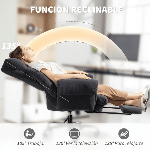 HOMCOM Cadeira de Secretária com Apoio para os Pés Cadeira de Escritório Giratória com Encosto Reclinável Acolchoada Espessa Estofada em Veludo Altura Ajustável 80x80x106-114 cm Cinzento