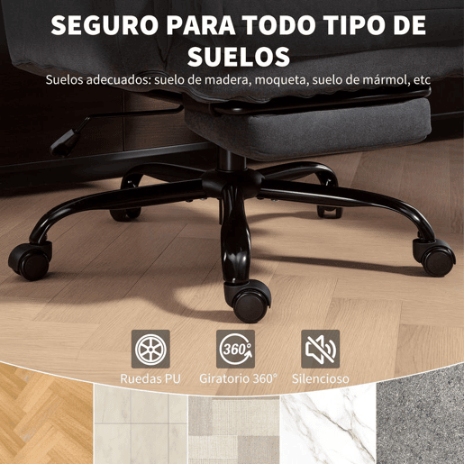 HOMCOM Cadeira de Secretária com Apoio para os Pés Cadeira de Escritório Giratória com Encosto Reclinável Acolchoada Espessa Estofada em Veludo Altura Ajustável 80x80x106-114 cm Cinzento