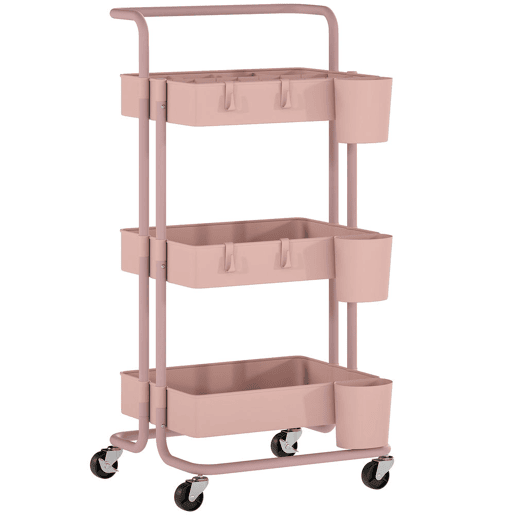 HOMCOM Carrinho de Cozinha de Aço Carrinho de Armazenamento com 4 Ganchos 3 Cestas Removíveis 3 Caixas Suspensas e Travões para Casa de Banho Sala de Estar Dormitório 42x38x86,5 cm Rosa